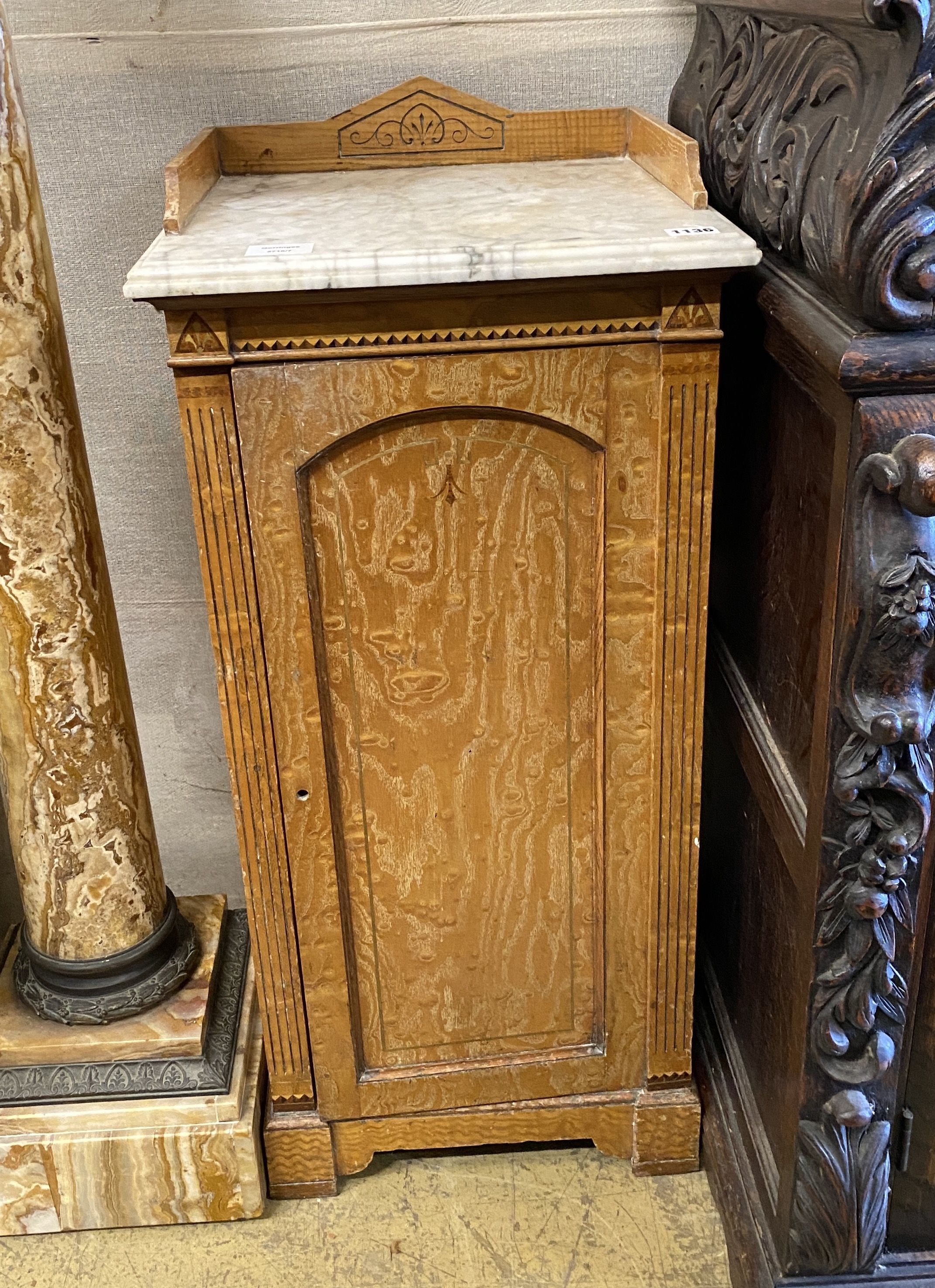 A Victorian satin birch marble-topped bedside cupboard, width 38cm, depth 36cm, height 86cm